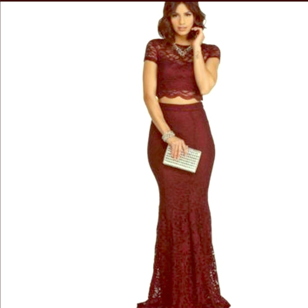 Two piece lace maroon dress